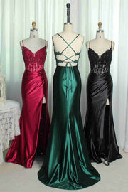 Straps V-Neck Emerald Green Mermaid Prom Dress with Slit