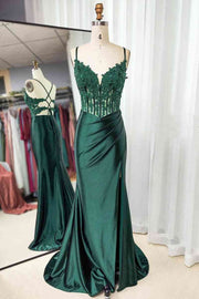 Straps V-Neck Emerald Green Mermaid Prom Dress with Slit