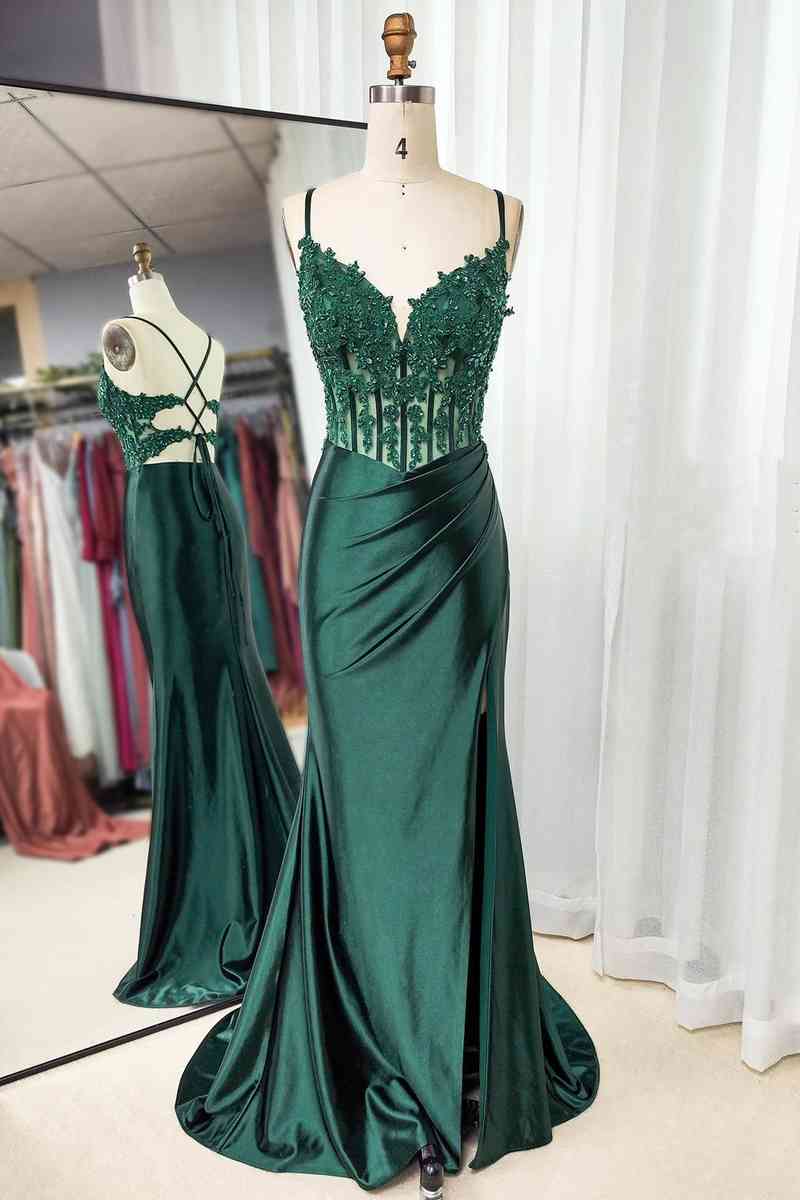 Straps V-Neck Emerald Green Mermaid Prom Dress with Slit