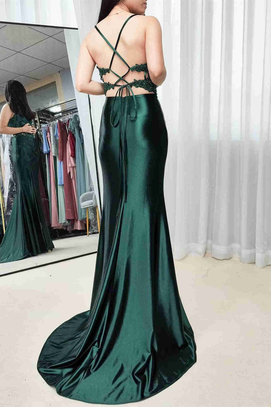 Straps V-Neck Emerald Green Mermaid Prom Dress with Slit