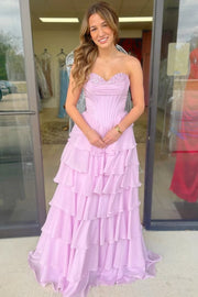 Strapless Sequin Chiffon Tiered Ruffle A-Line Prom Dress