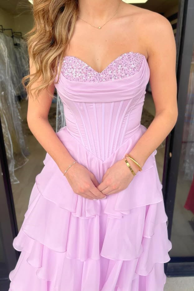 Strapless Sequin Chiffon Tiered Ruffle A-Line Prom Dress