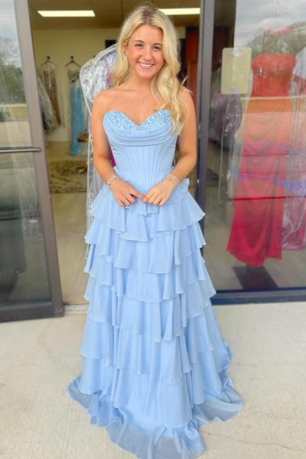Strapless Sequin Chiffon Tiered Ruffle A-Line Prom Dress