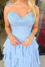 Strapless Sequin Chiffon Tiered Ruffle A-Line Prom Dress