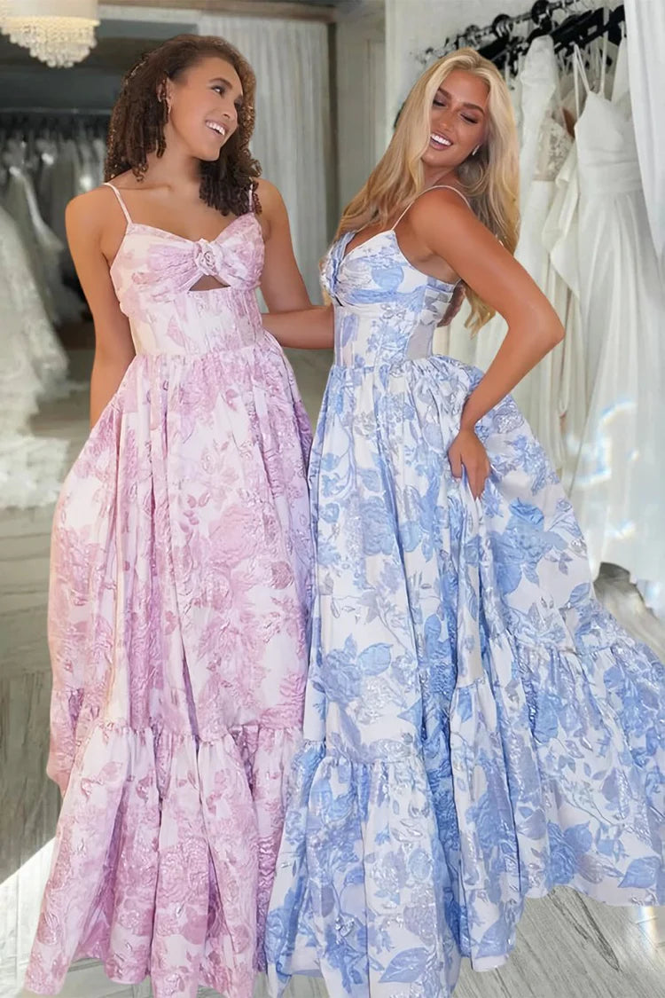 Princess Spaghetti Straps Jacquard Floral A-Line Prom Dress