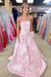 Blue Strapless Floral A-Line Ball Gown Prom Dress