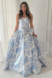 Blue Strapless Floral A-Line Ball Gown Prom Dress
