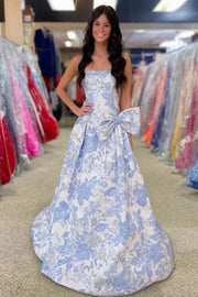 Blue Strapless Floral A-Line Ball Gown Prom Dress