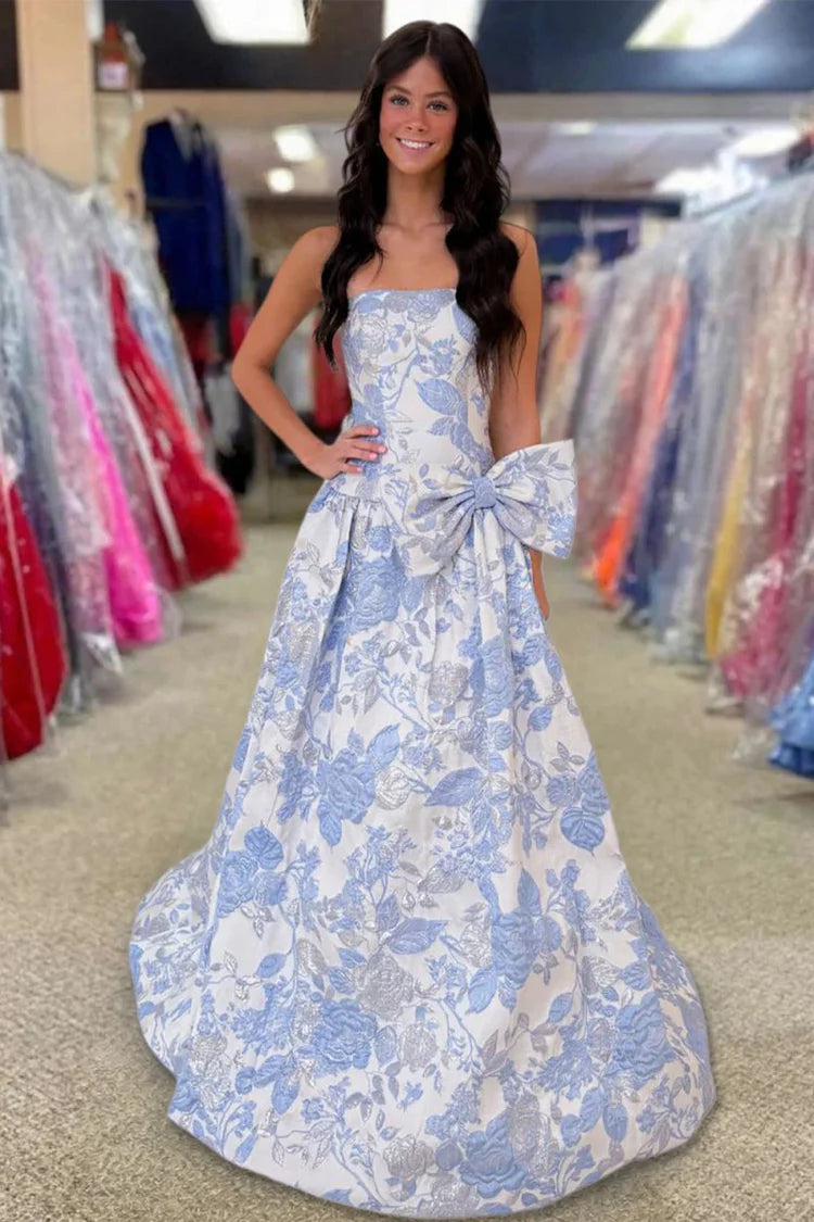 Blue Strapless Floral A-Line Ball Gown Prom Dress