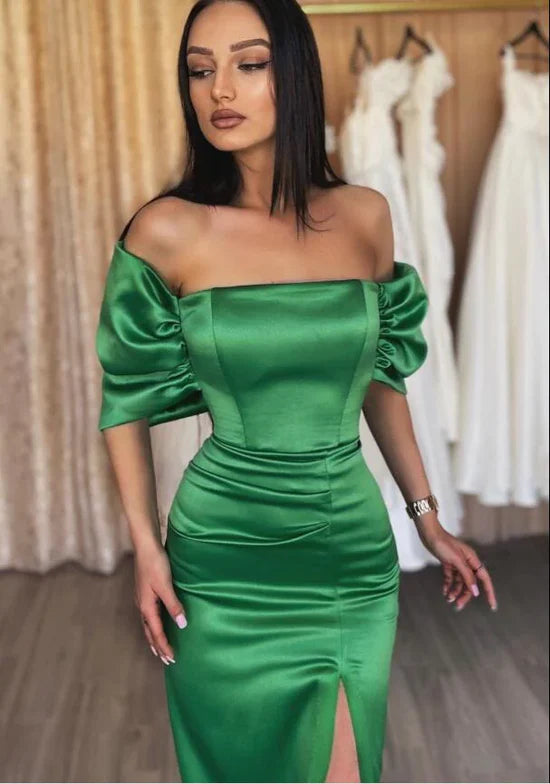 Chic Green Satin Off Shoulder Evening Gown with Slit