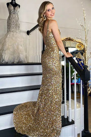Gold Sequin Square Neck Prom Dress with High Side Slit