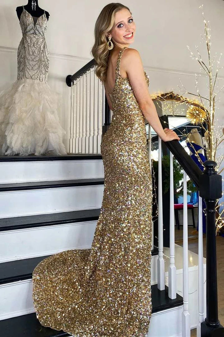 Gold Sequin Square Neck Prom Dress with High Side Slit