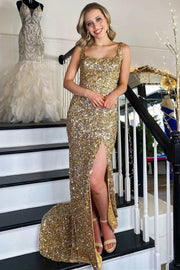 Gold Sequin Square Neck Prom Dress with High Side Slit