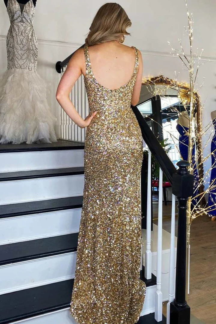 Gold Sequin Square Neck Prom Dress with High Side Slit