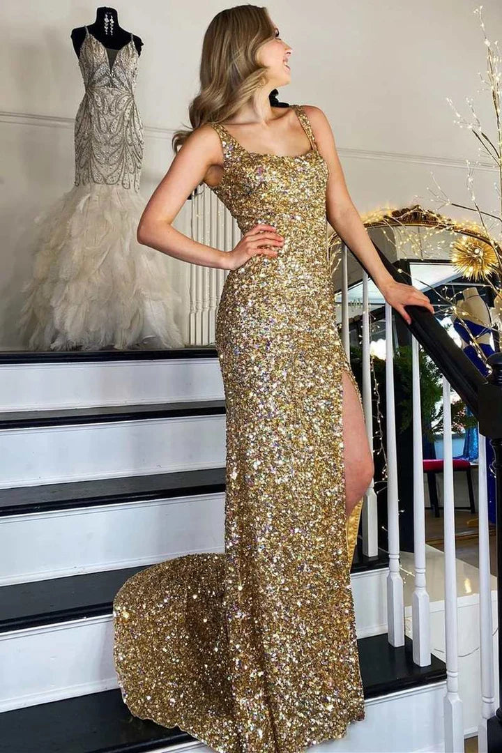 Gold Sequin Square Neck Prom Dress with High Side Slit