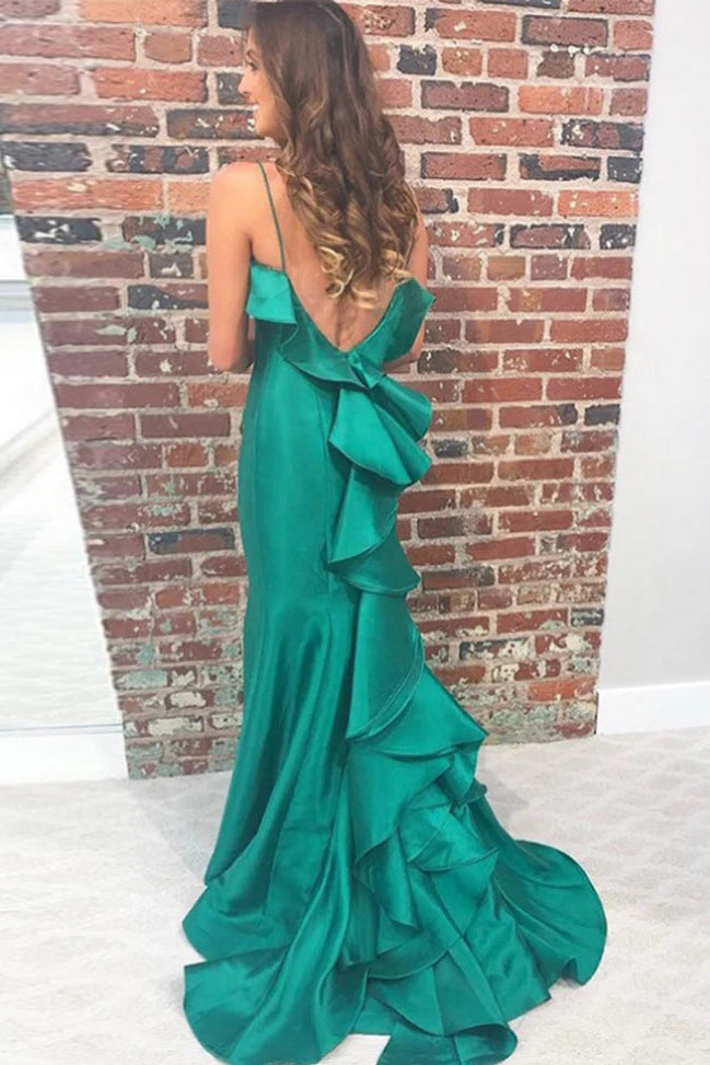 Elegant Emerald Green Satin Mermaid Prom Dress with Ruffle