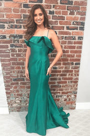 Elegant Emerald Green Satin Mermaid Prom Dress with Ruffle