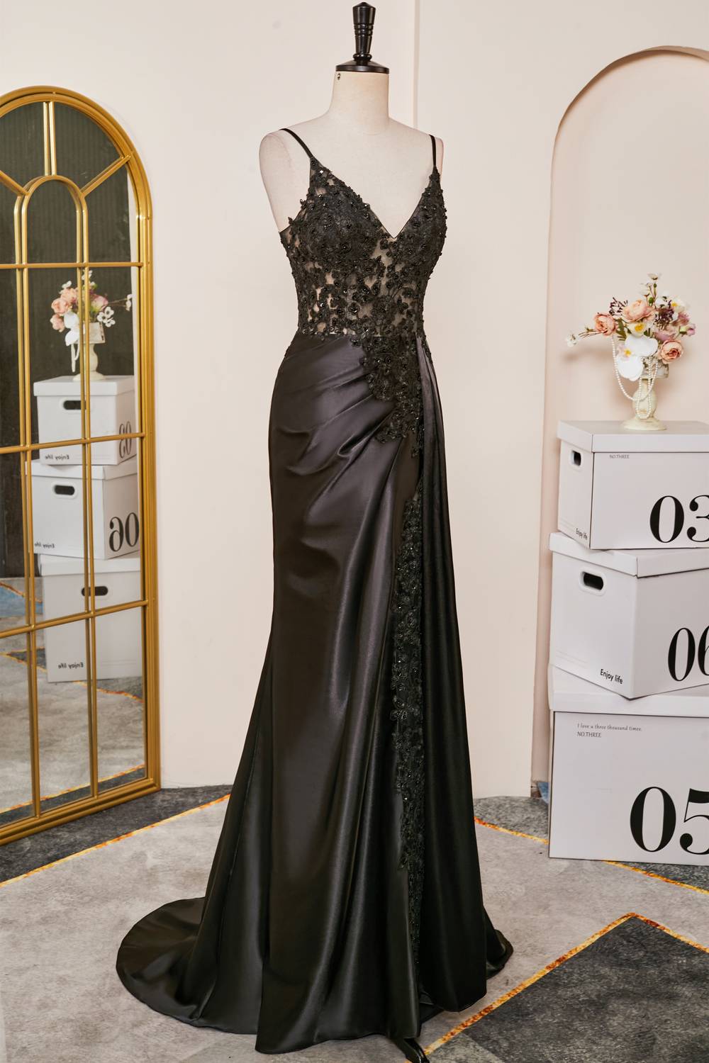 Black Plunging V Neck Lace-Up Appliques Mermaid Long Prom Dress with Slit Custom Color / US 8
