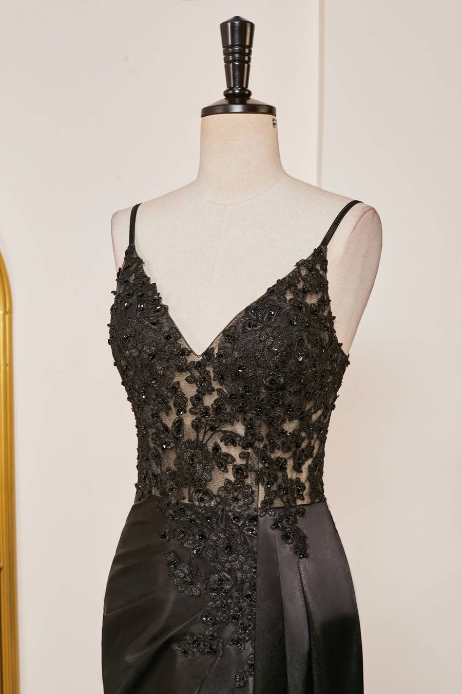 Black Plunging V Neck Lace-Up Appliques Mermaid Long Prom Dress with Slit