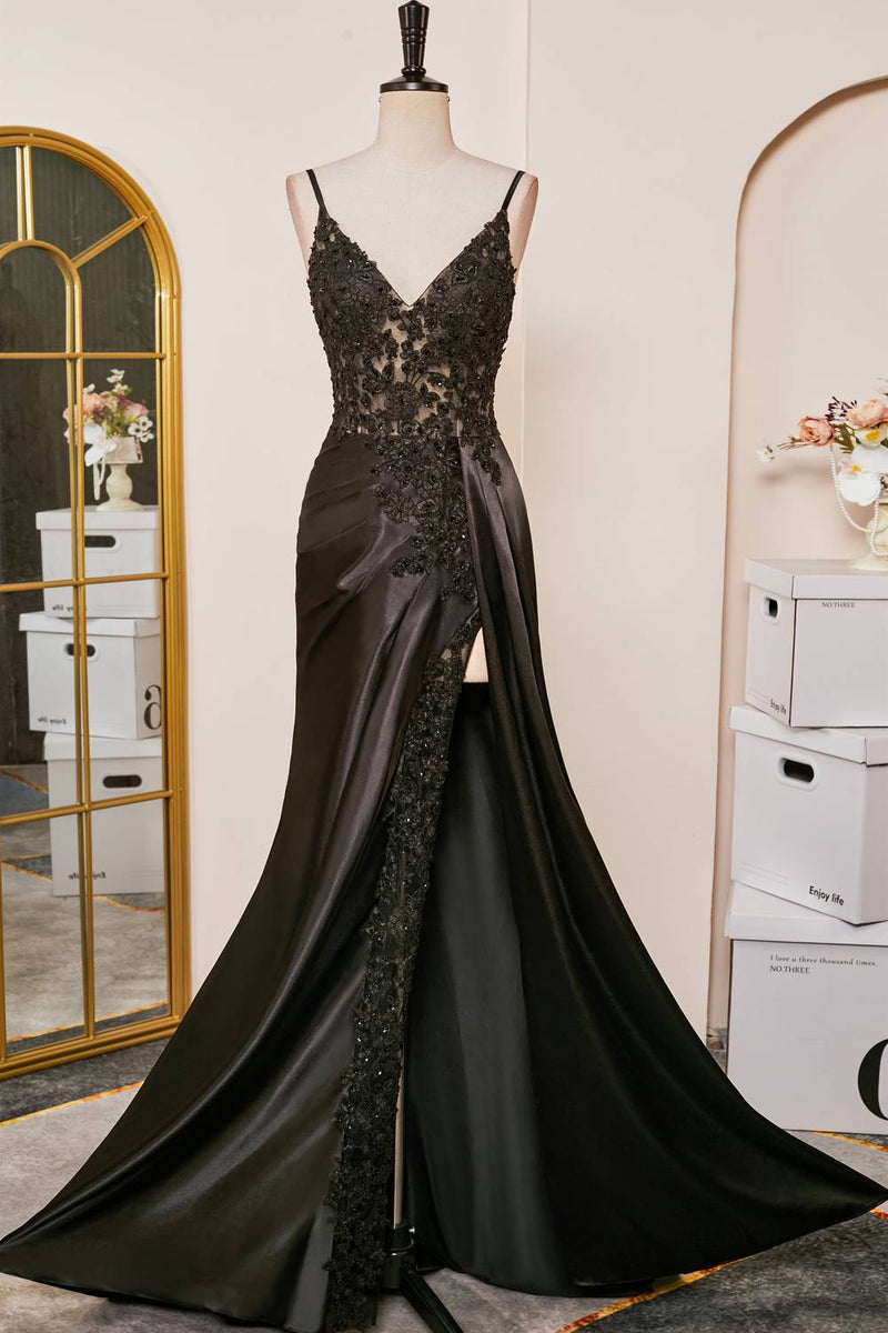 Black Plunging V Neck Lace-Up Appliques Mermaid Long Prom Dress with Slit