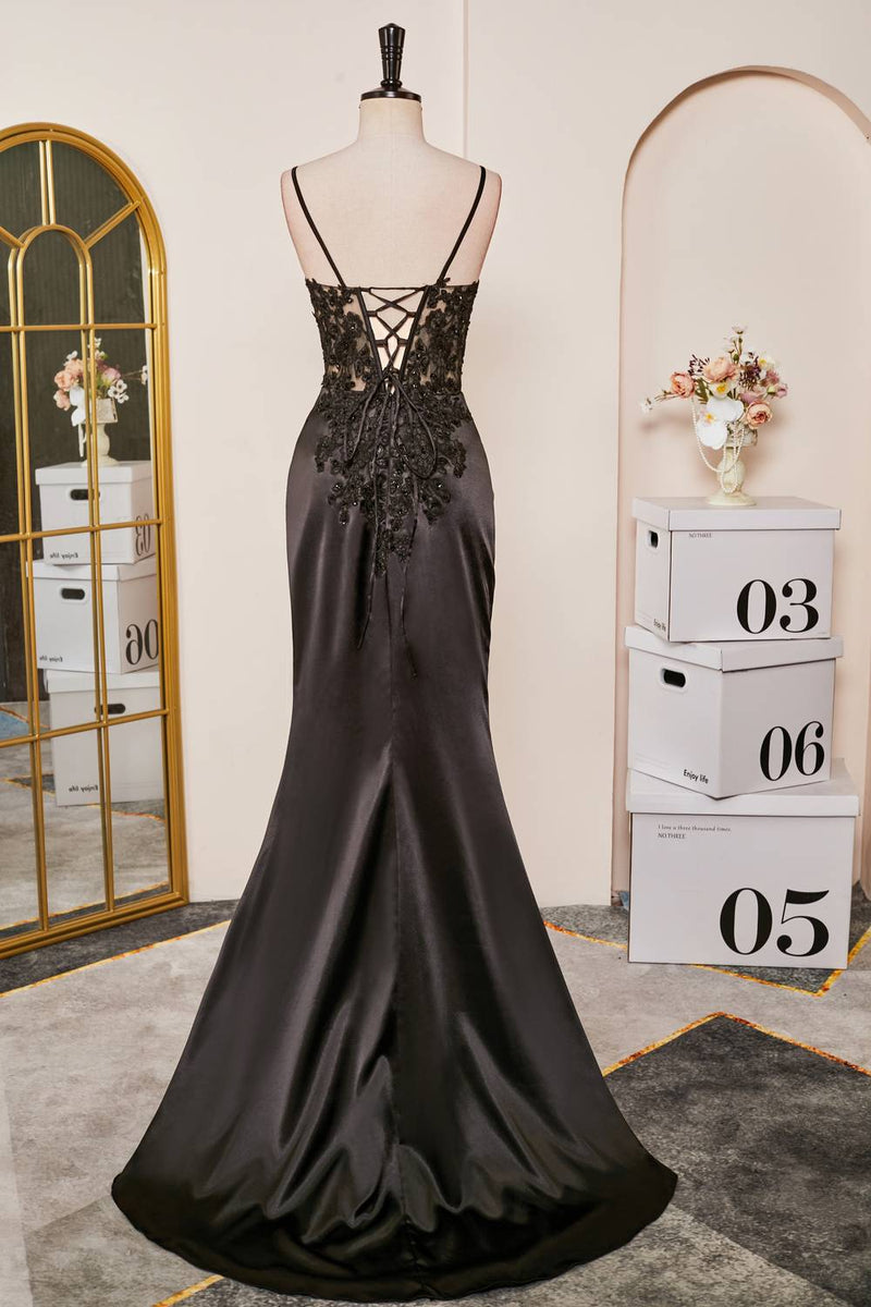 Black Plunging V Neck Lace-Up Appliques Mermaid Long Prom Dress with Slit