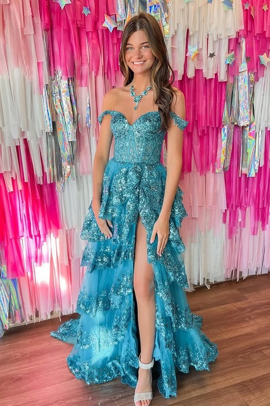 Lace A-Line Off-Shoulder Tiered Prom Dress With Slit