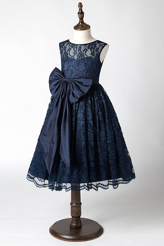 Lace A-Line Round Sleeveless With Bow Flower Girl Dress Dark Navy / US 10