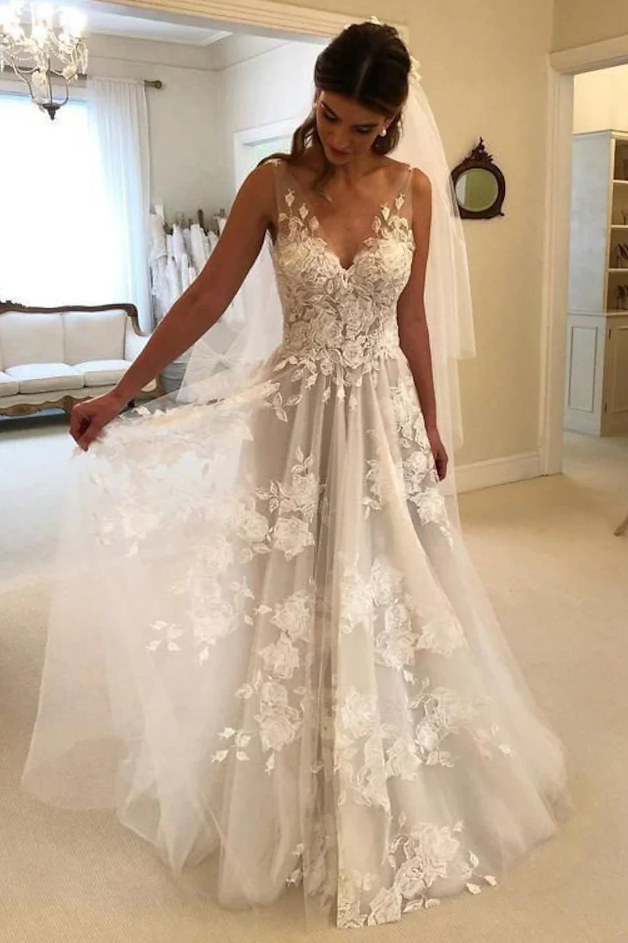 Lace A-Line V-Neck Backless Beach Wedding Dress