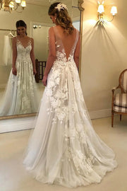 Lace A-Line V-Neck Backless Beach Wedding Dress