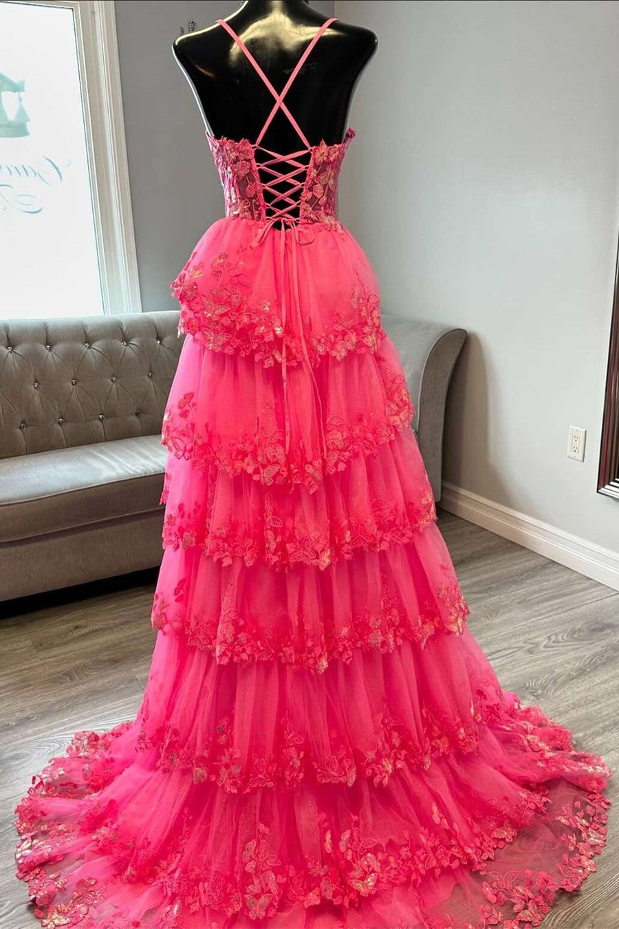 Lace A-Line V-Neck Sleeveless Sheer Empire Tiered Party Prom Dress