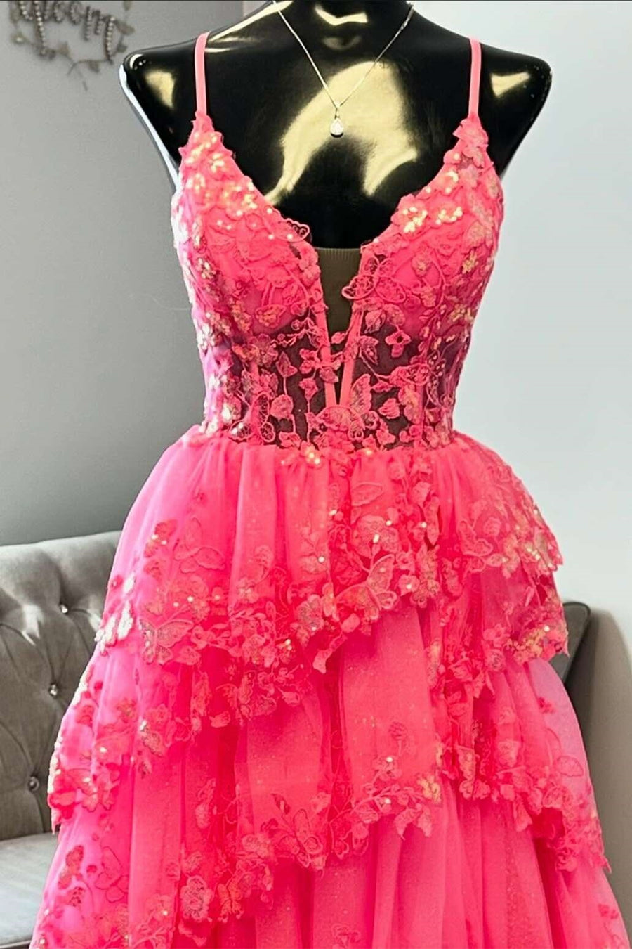 Lace A-Line V-Neck Sleeveless Sheer Empire Tiered Party Prom Dress