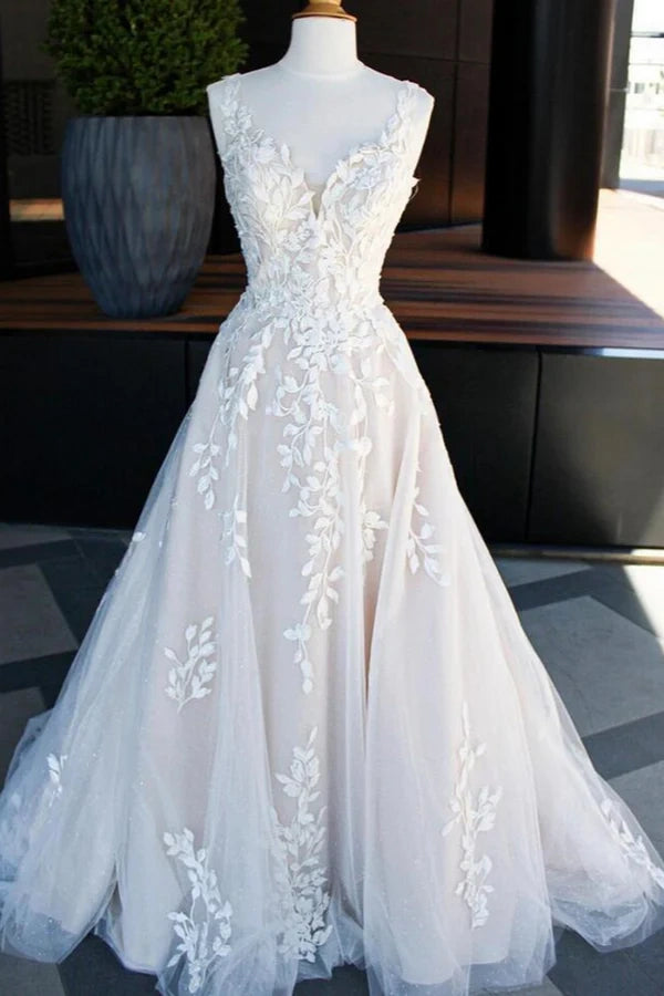 Lace A-Line V-Neck Spaghetti Straps Long Wedding Dress