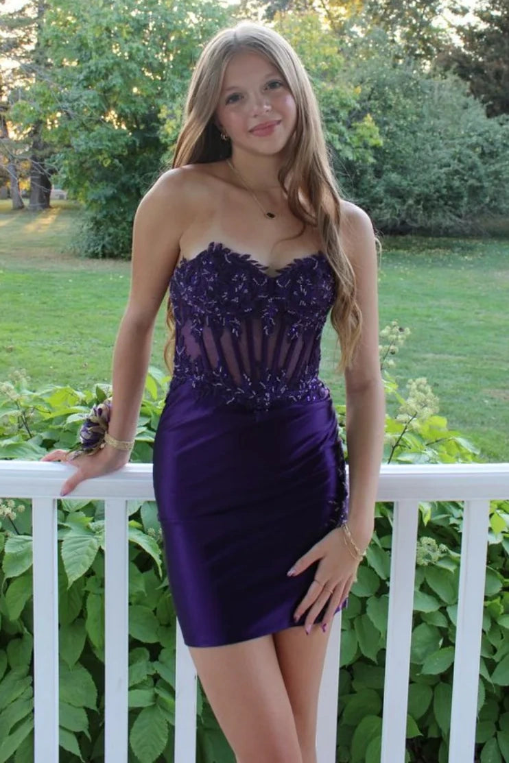 Lace And Satin Sheer Empire Strapless Fitted Homecoming Dress