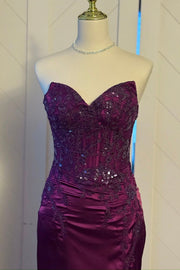 Lace Appliques Strapless Satin Mermaid Party Prom Dress With Slit