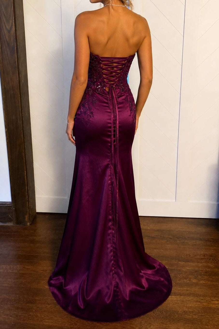 Lace Appliques Strapless Satin Mermaid Party Prom Dress With Slit
