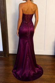 Lace Appliques Strapless Satin Mermaid Party Prom Dress With Slit