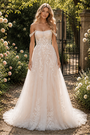 Lace Appliques Tulle A-Line Off-Shoulder Modest Wedding Dress