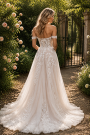Lace Appliques Tulle A-Line Off-Shoulder Modest Wedding Dress