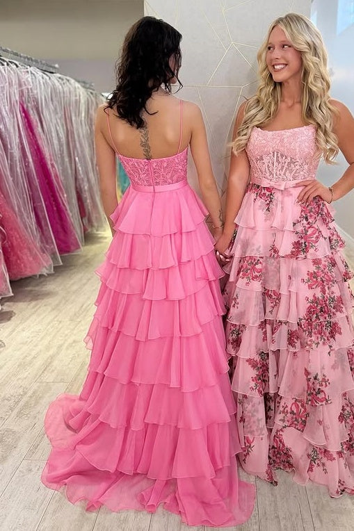 Lace High Waist Tiered Chiffon A-Line Party Prom Dress With Bow