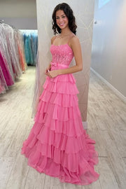 Lace High Waist Tiered Chiffon A-Line Party Prom Dress With Bow