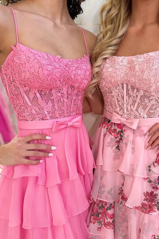 Lace High Waist Tiered Chiffon A-Line Party Prom Dress With Bow