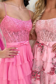 Lace High Waist Tiered Chiffon A-Line Party Prom Dress With Bow