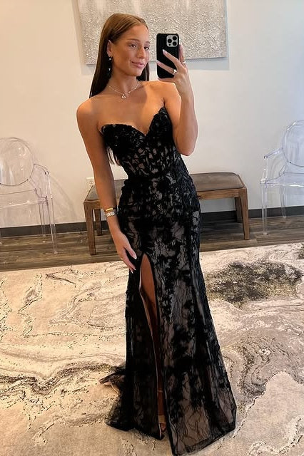Lace Mermaid Strapless Lace Up Prom Dress With Slit