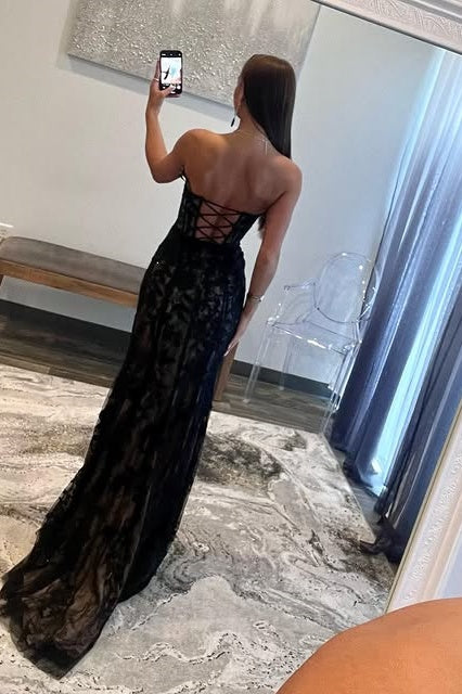 Lace Mermaid Strapless Lace Up Prom Dress With Slit