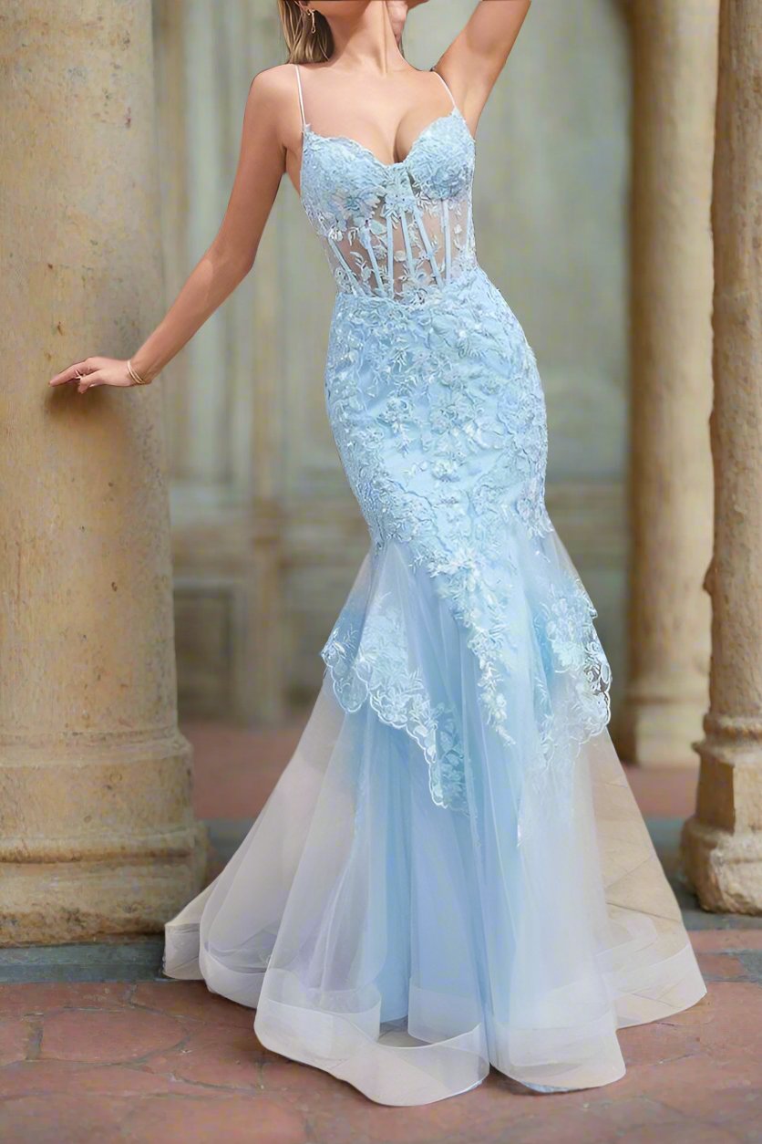 Lace Mermaid Sweetheart Spaghetti Straps Empire Party Prom Dress