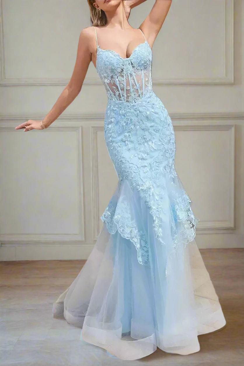 Lace Mermaid Sweetheart Spaghetti Straps Empire Party Prom Dress