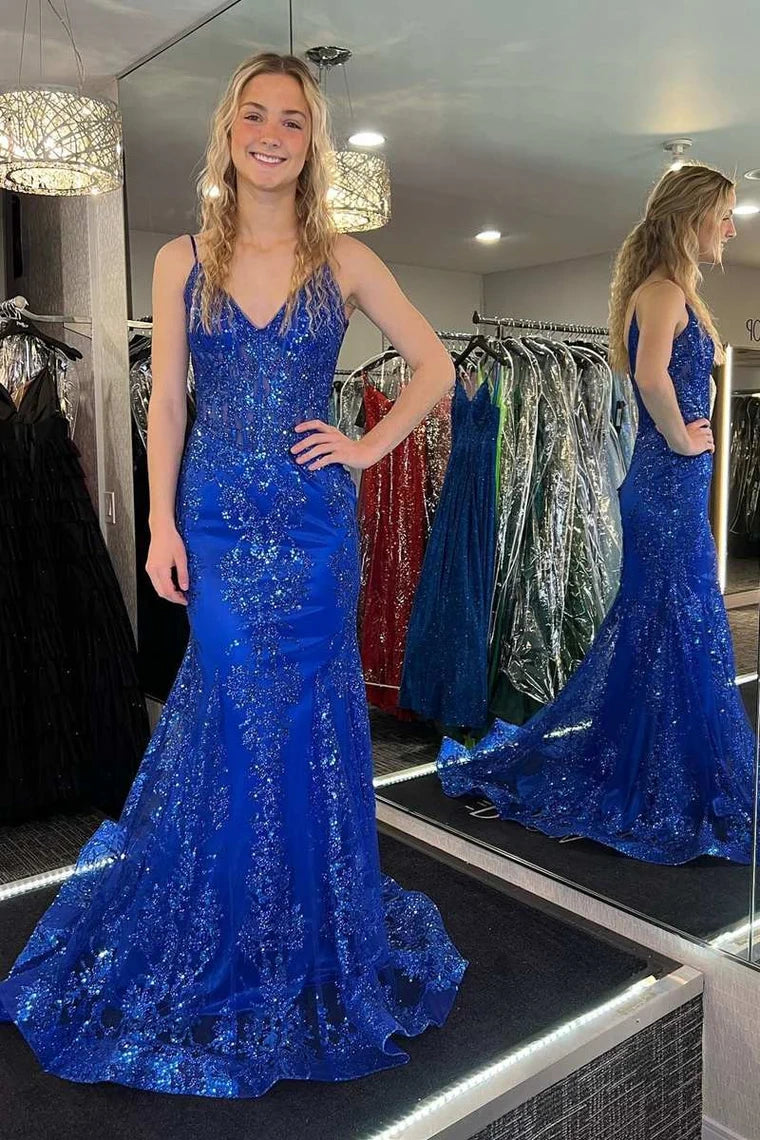 Lace Mermaid V-Neck Spaghetti Straps Open Back Party Prom Dress