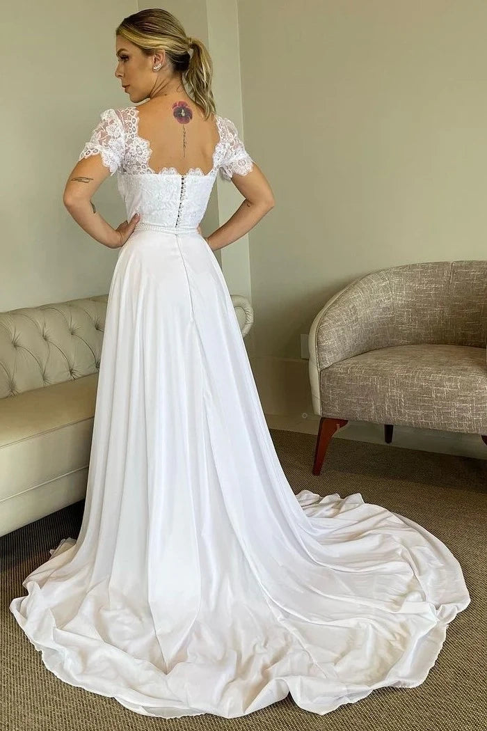 Lace Short Sleeves Empire A-Line Long Wedding Dress