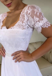 Lace Short Sleeves Empire A-Line Long Wedding Dress