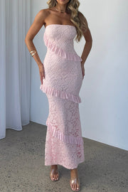 Lace Strapless Fitted Empire Ruffle Party Prom Dress